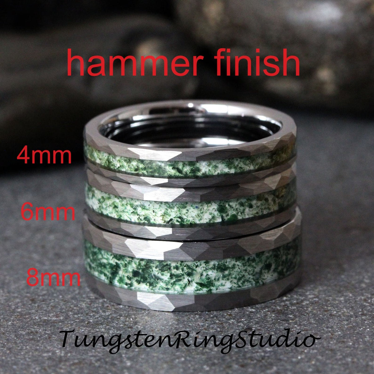 May include: Three tungsten carbide rings with a hammered finish and green inlay. The rings are stacked on top of each other, with the smallest ring at the top and the largest ring at the bottom. The rings are labeled with their width in millimeters: 4mm, 6mm, and 8mm. The text "TungstenRingStudio" is visible at the bottom of the image.