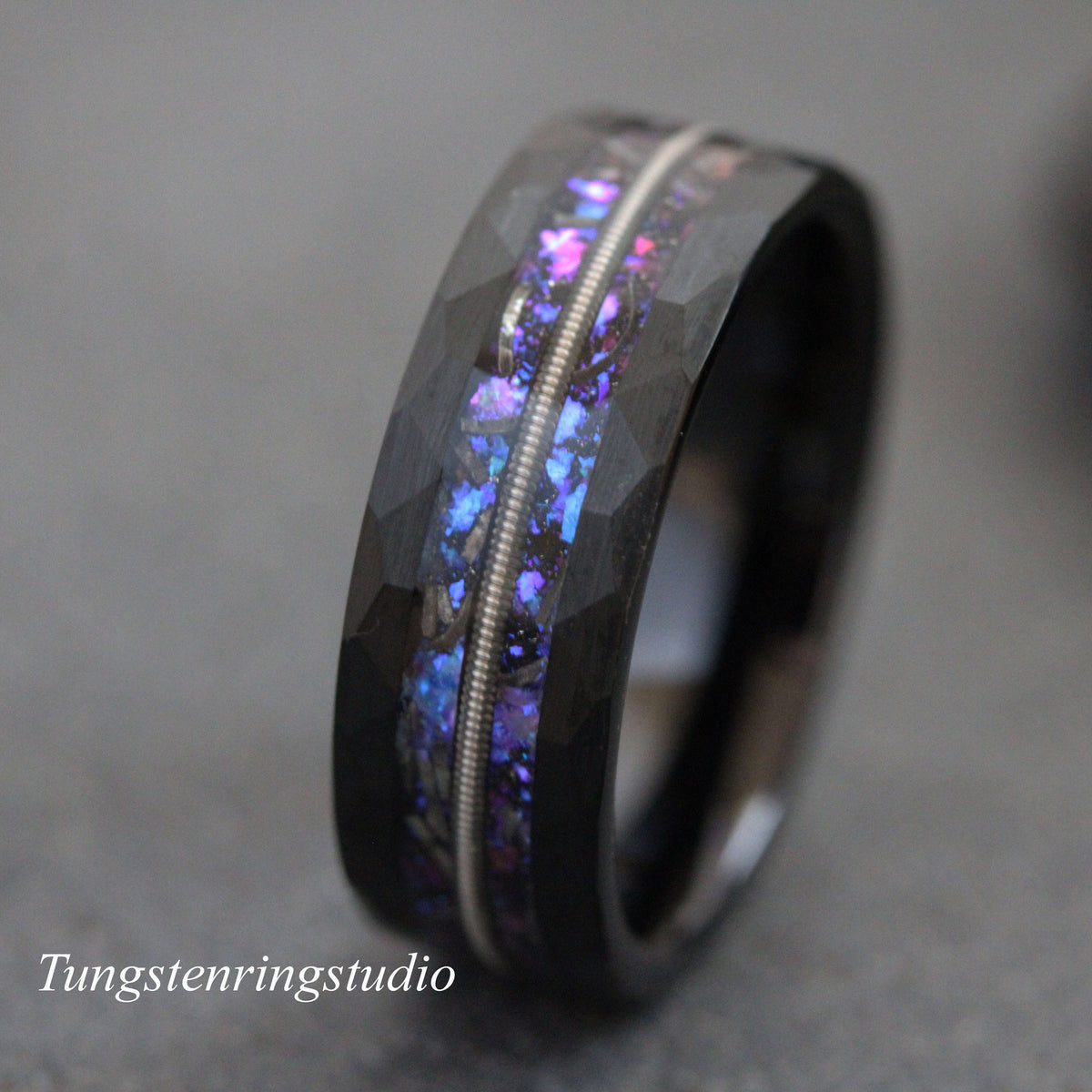Hammer Meteorite Nebula Guitar String Ring 8mm Black Tungsten Ring Band Men Women Ring Outer Space Ring Wedding Ring Anniversary Ring