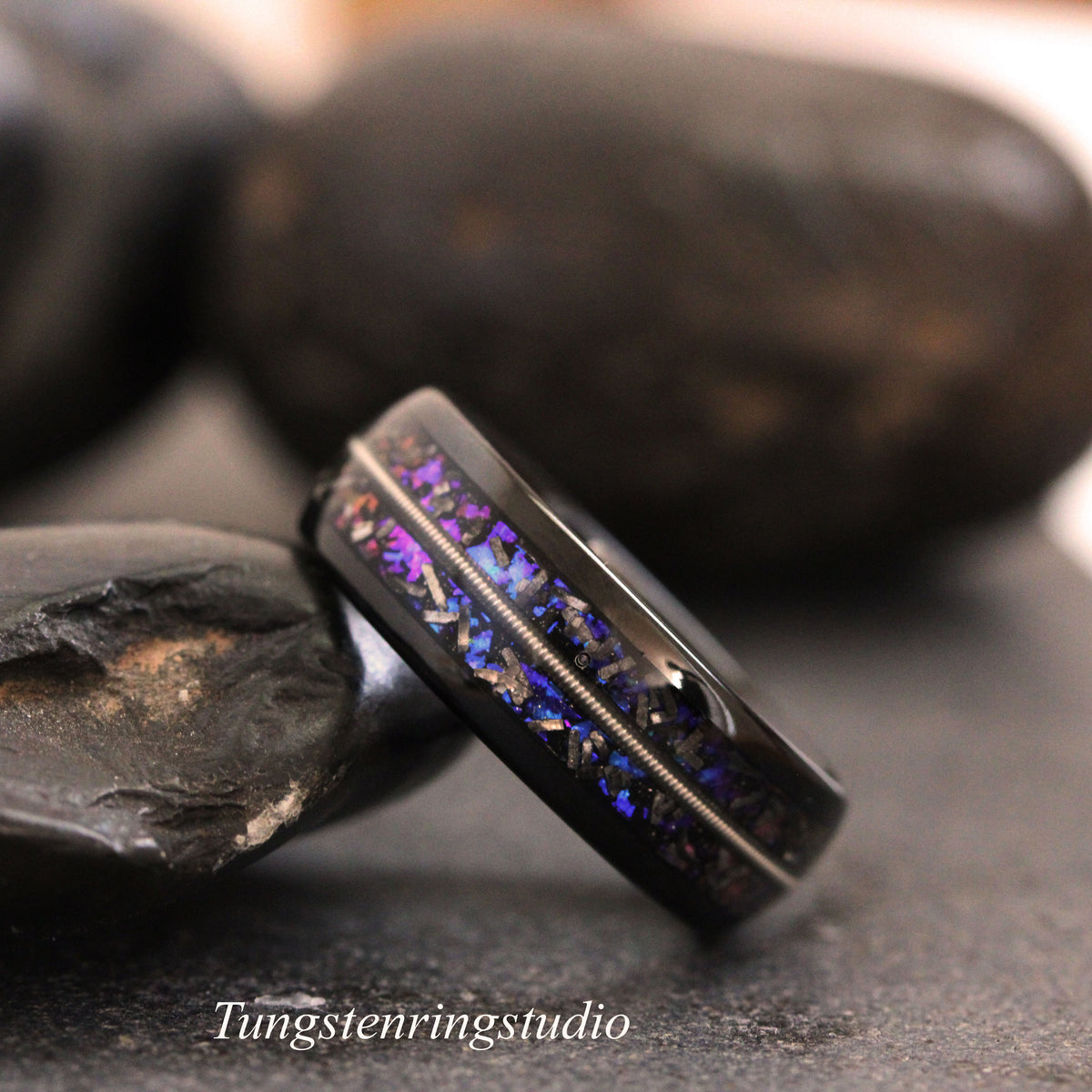 Meteorite Nebula Guitar String Ring 8mm Black Tungsten Ring Polished Band Men Women Ring Outer Space Ring Wedding Ring Anniversary Ring