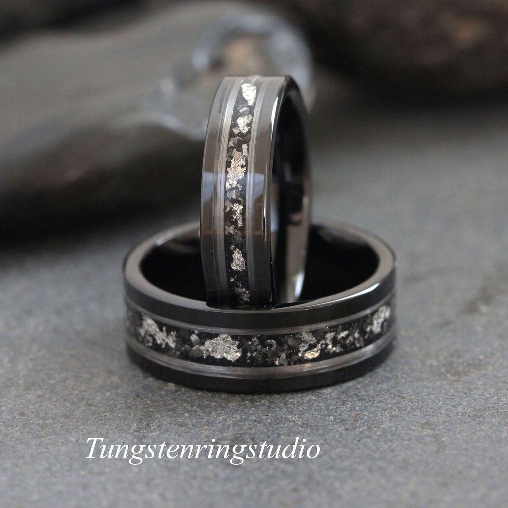 Meteorite White Gold Strip Black Tungsten Silver Leaf Wedding Rings Gibeon Meteorite Bands Anniversary Mans women Ring Interstellar Ring