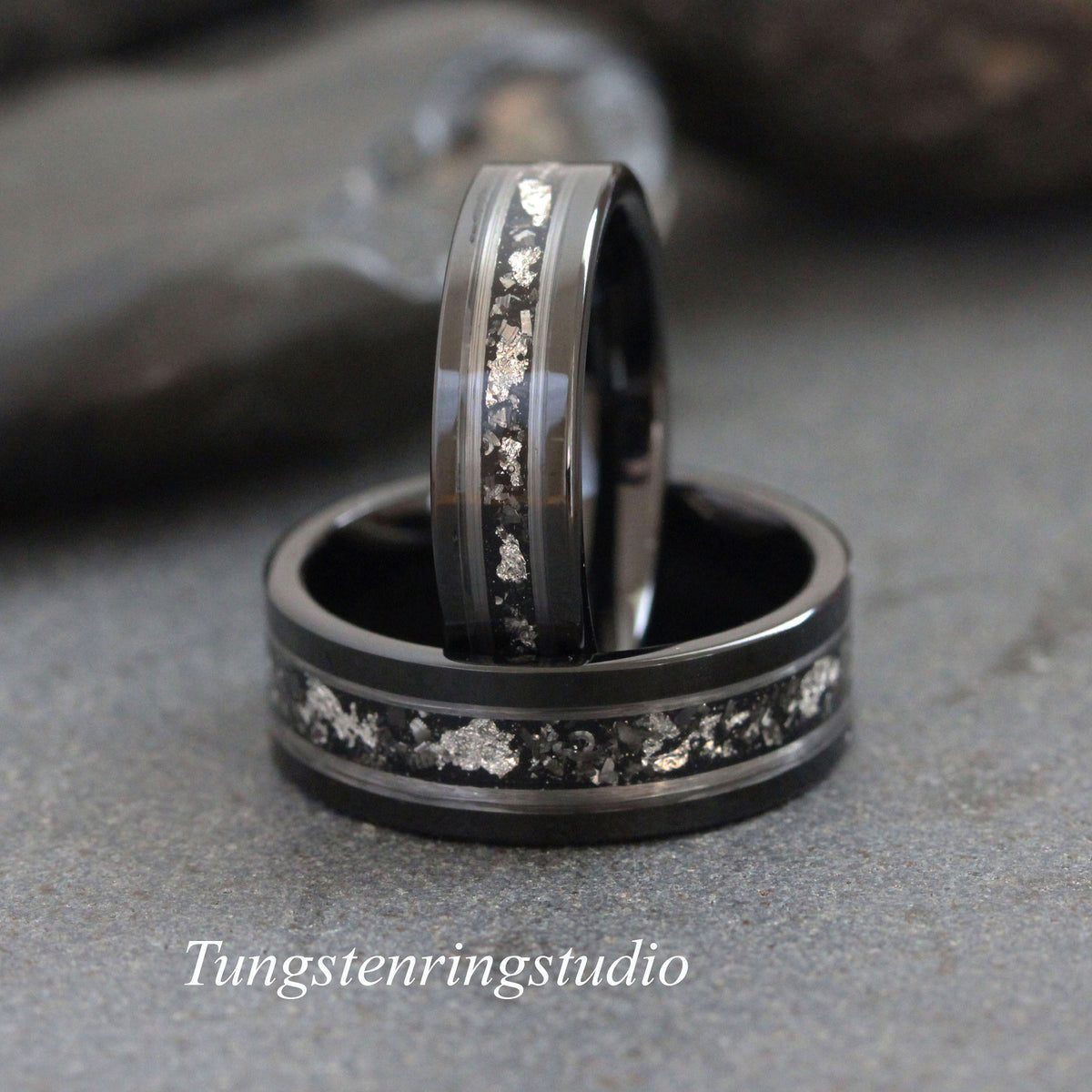 Meteorite White Gold Strip Black Tungsten Silver Leaf Wedding Rings Gibeon Meteorite Bands Anniversary Mans women Ring Interstellar Ring