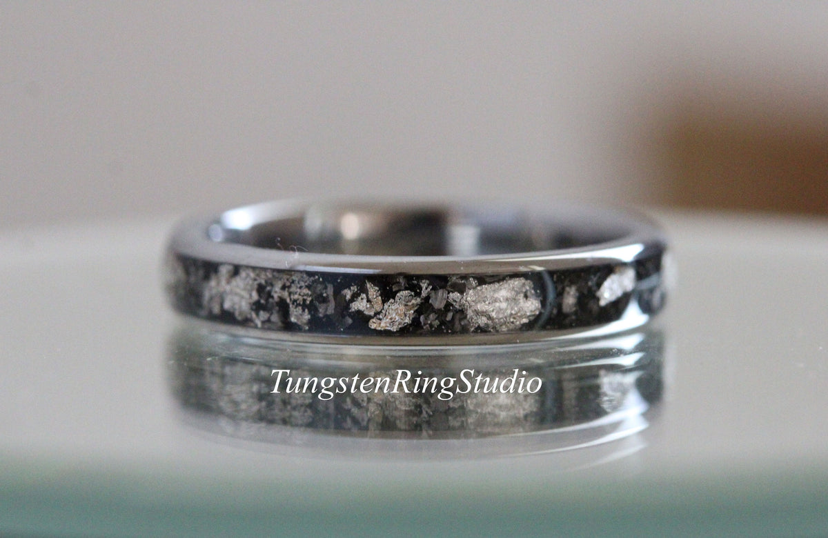 Polished Silver Leaf Meteorite Ring, Wedding Silver Foil Meteorite Ring 4mm 6mm 8mm Ring Meteorite Foil Leaf Ring Mens Wedding Rings Accent