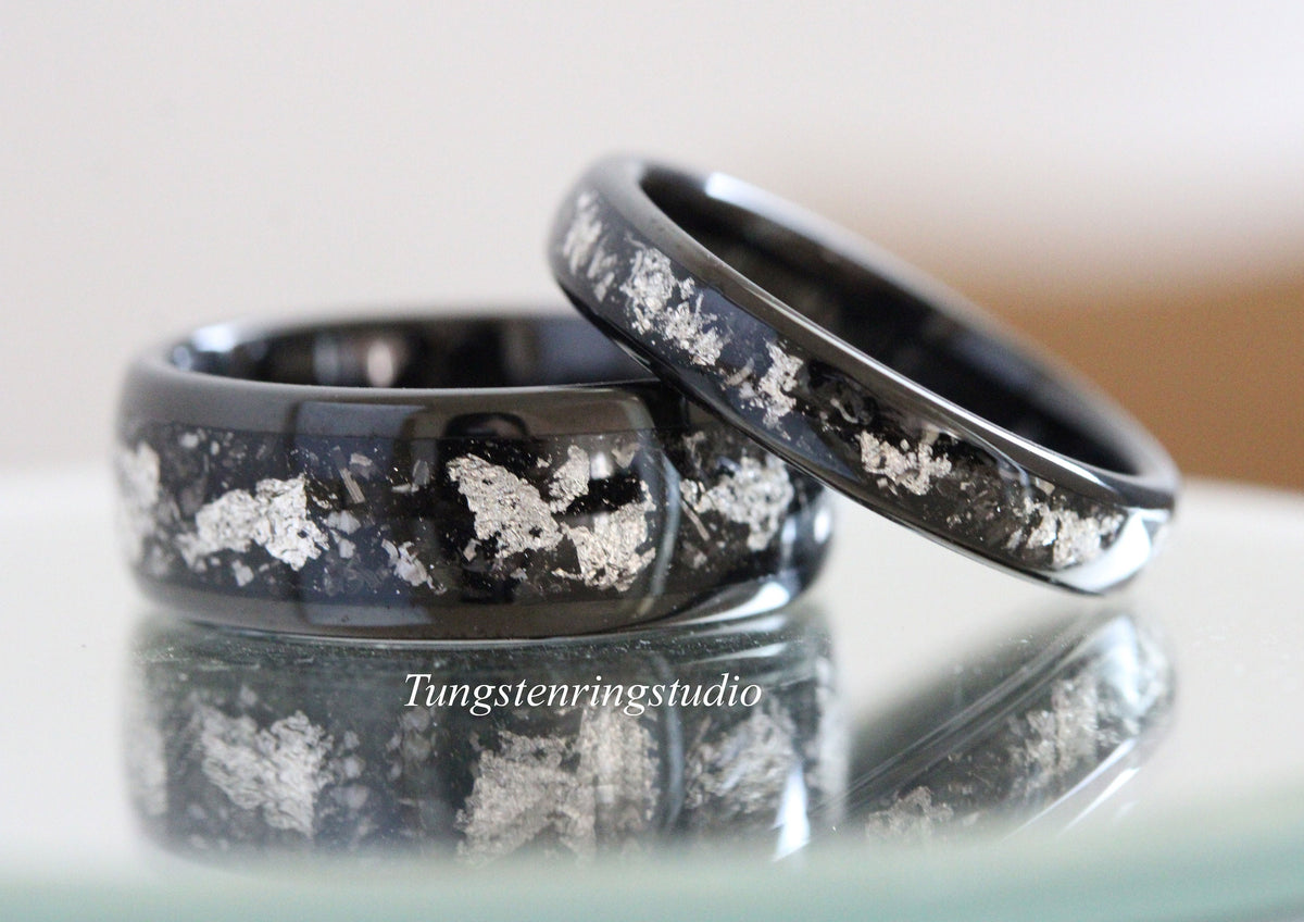 Polished Silver Leaf Meteorite Rings, Wedding Silver Foil Meteorite Ring 4mm 6mm 8mm Ring Meteorite Foil Leaf Ring Mens Wedding Rings Accent