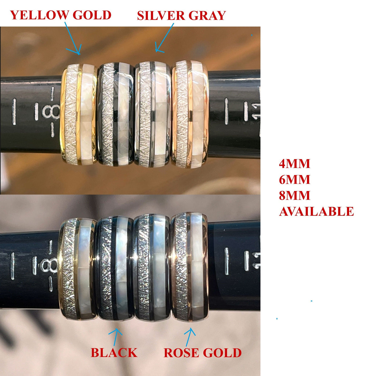 May include: Four different colored men's wedding bands with a white inlay. The bands are yellow gold, silver gray, black, and rose gold. The bands are 4mm, 6mm, and 8mm wide.  The text "4MM 6MM 8MM AVAILABLE" is printed below the bands.