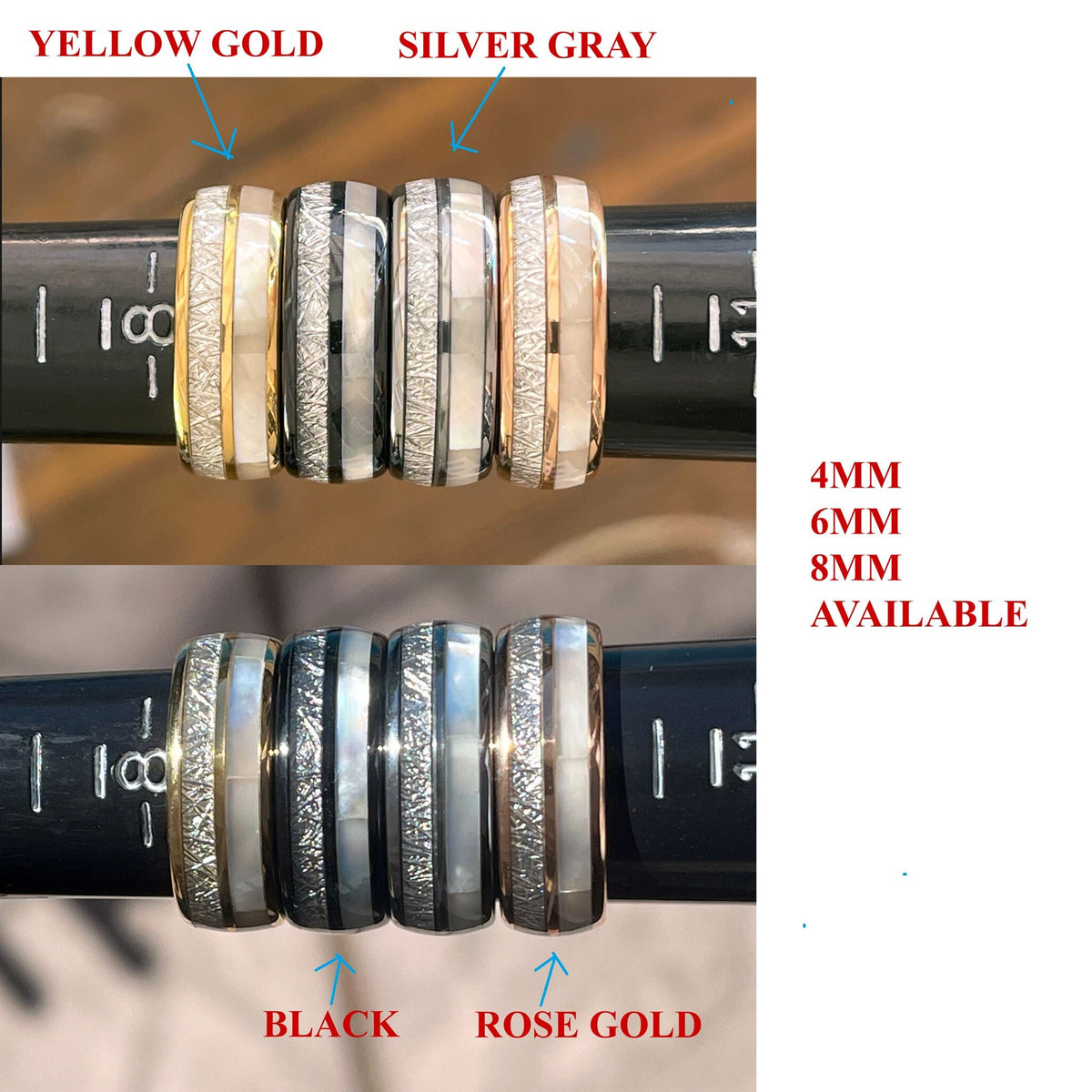 May include: Four different colored men's wedding bands with a white inlay. The bands are yellow gold, silver gray, black, and rose gold. The bands are 4mm, 6mm, and 8mm wide.  The text "4MM 6MM 8MM AVAILABLE" is printed below the bands.