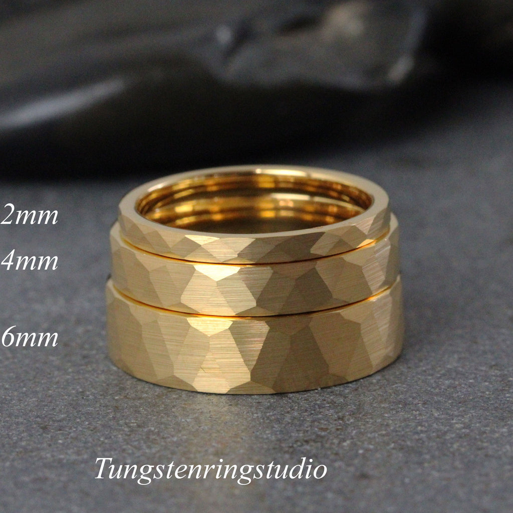 Hammer Tungsten Yellow Gold Wedding 2 mm 4 mm 6 mm Ring Band Hammer Gold Ring Anniversary Rings Man Ring Women Ring