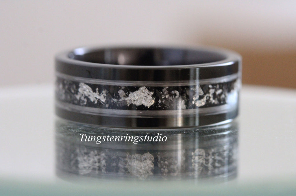Meteorite White Gold Strip Black Tungsten Silver Leaf Wedding Ring Gibeon Meteorite Bands Anniversary Mans women Ring Interstellar Ring
