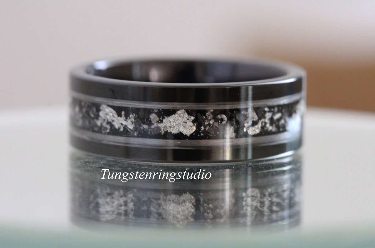 Meteorite White Gold Strip Black Tungsten Silver Leaf Wedding Ring Gibeon Meteorite Bands Anniversary Mans women Ring Interstellar Ring