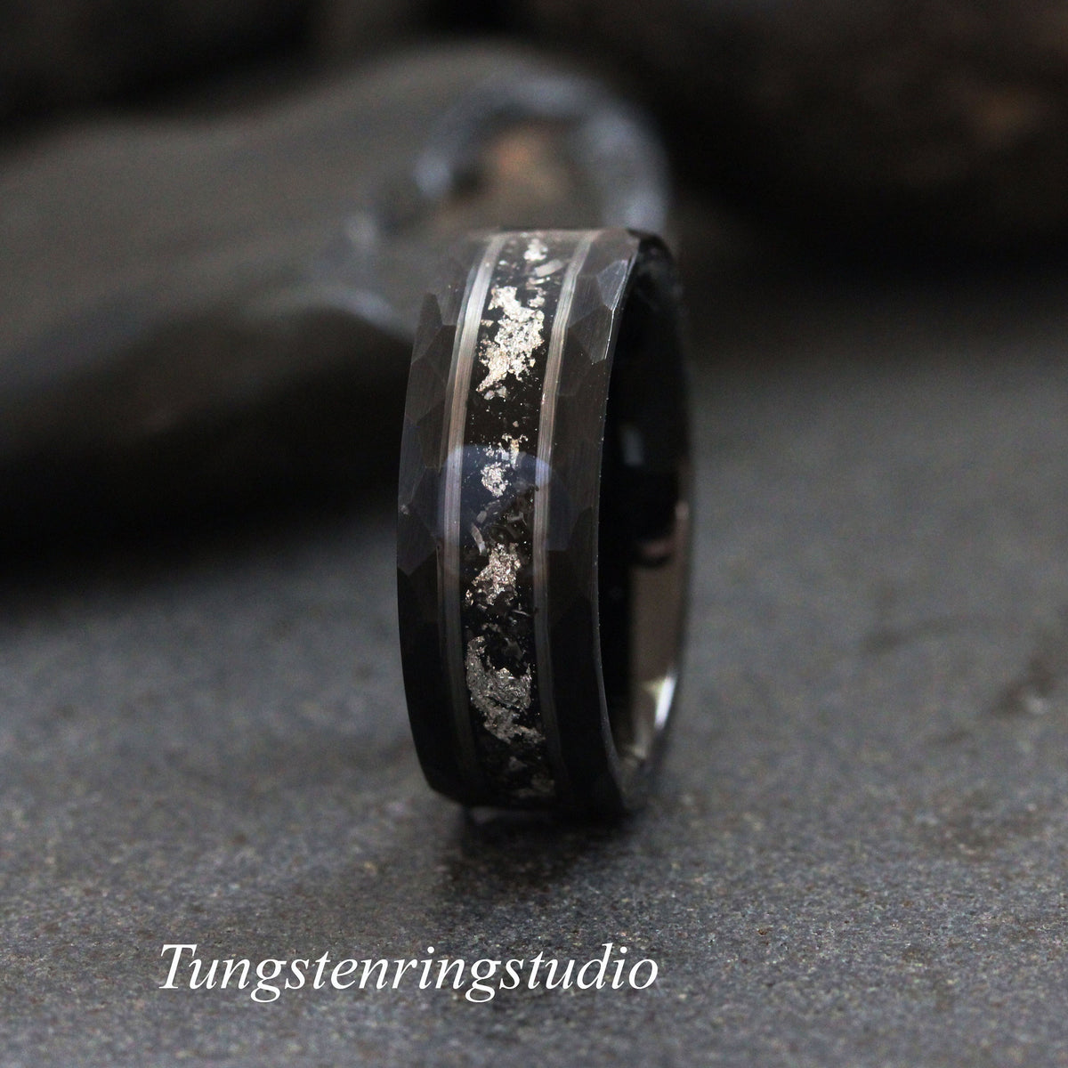 Hammer Meteorite White Gold Strip Black Tungsten Silver Leaf Wedding Ring Gibeon Meteorite Band Anniversary Men women Ring Interstellar Ring