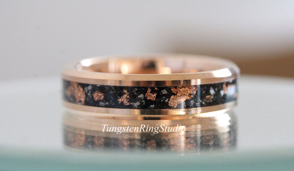 Beveled Copper Leaf Meteorite Tungsten Ring, Rose Gold Wedding Meteorite Ring 4mm 6mm 8mm Ring Meteorite Foil Leaf Ring Gold Accent