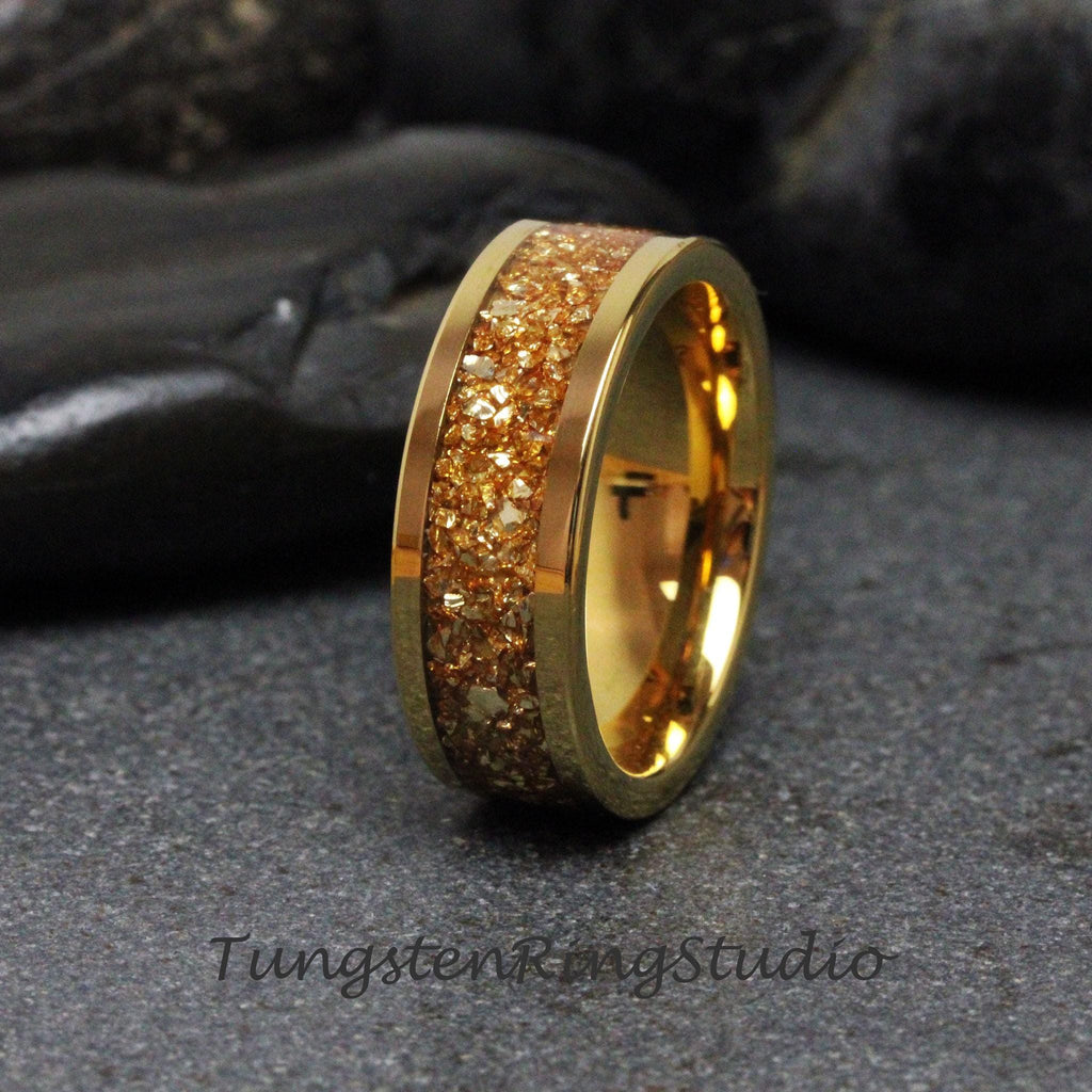 Mens Yellow Citrine Ring Gold Citrine German Glass Wedding Tungsten Carbide Ring 4 6 8mm Women Ring Band Yellow Gold Anniversary Band