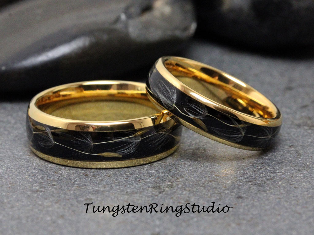 Dandelion His and Her Flower Seed Ring Gold Polish Tungsten Wedding Ring 8mm 6mm Flower Matching Set Mens and Womens Band Eco-Friendly Ring