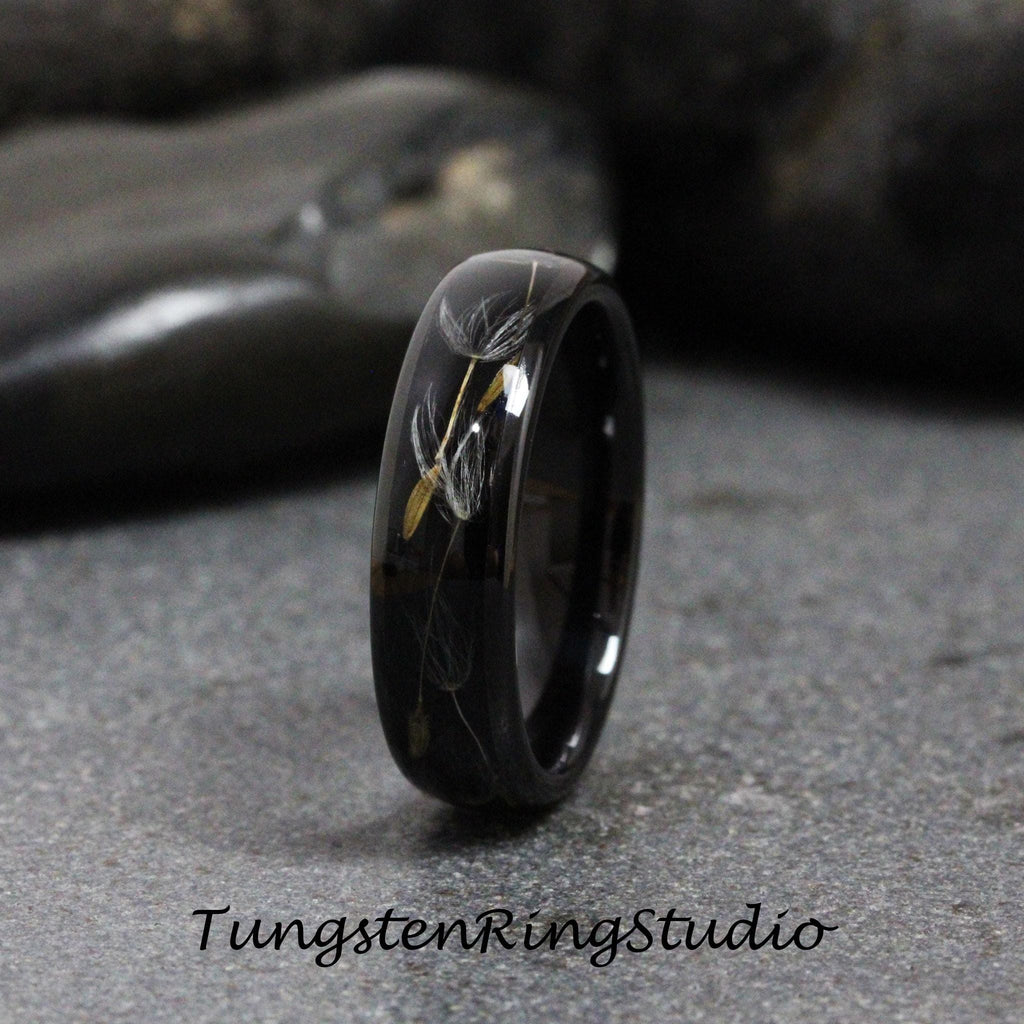 Black Dandelion Seed Women Ring Polish Tungsten Wedding Ring  8mm 6mm Flower Dandelion Silver Black  Mens Ring Men Yellow Band Eco-Friendly