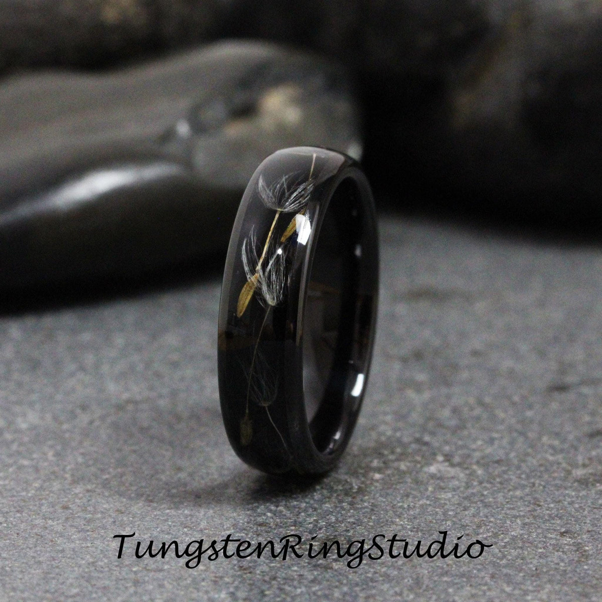 Black Dandelion Seed Women Ring Polish Tungsten Wedding Ring  8mm 6mm Flower Dandelion Silver Black  Mens Ring Men Yellow Band Eco-Friendly