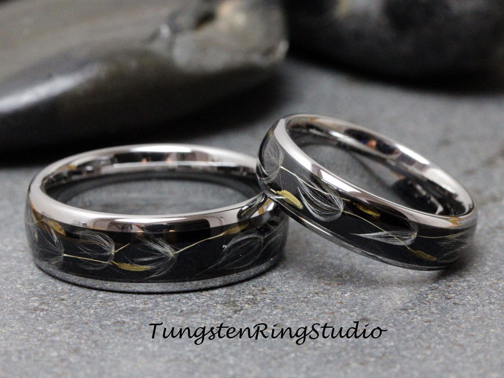 Dandelion Matching Set Silver Gray His and Her Flower Seed Ring Polish Tungsten Wedding Ring 8mm 6mm Flower Mens Womens Band Eco-Friendly