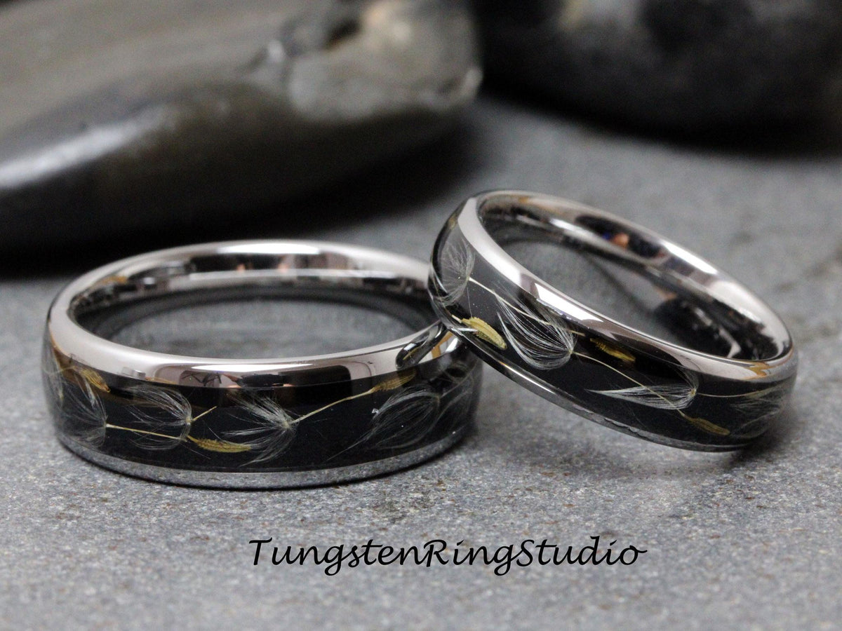 Dandelion Matching Set Silver Gray His and Her Flower Seed Ring Polish Tungsten Wedding Ring 8mm 6mm Flower Mens Womens Band Eco-Friendly