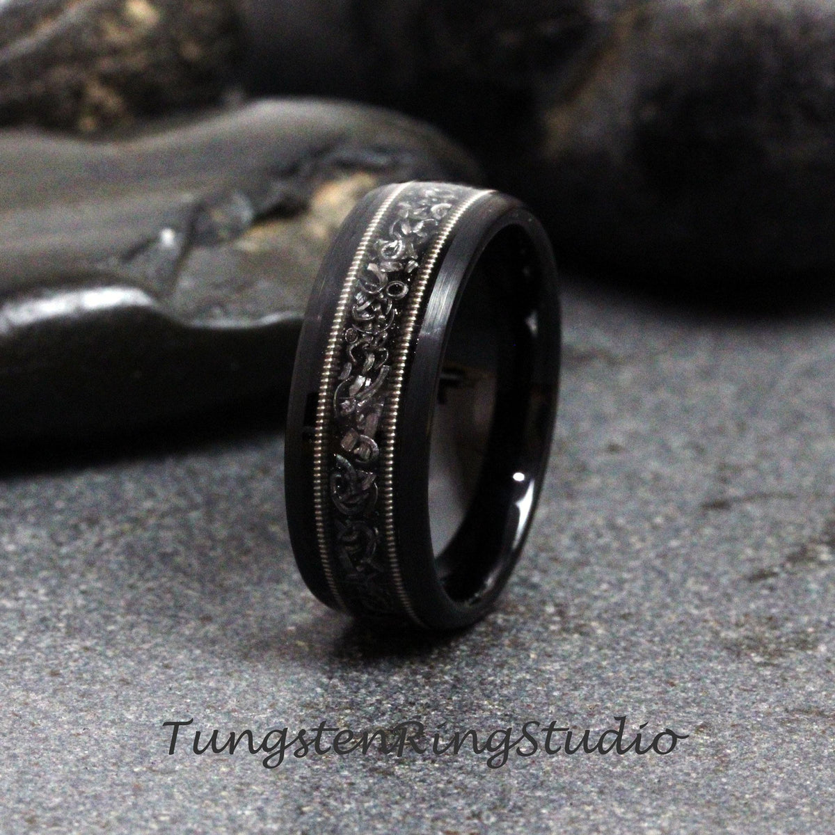 Meteorite Bass String Black Ring 8mm Ring Black Tungsten Wedding Ring Brushed Dome Tungsten Anniversary Ring Mans Mens Ring Men & Women