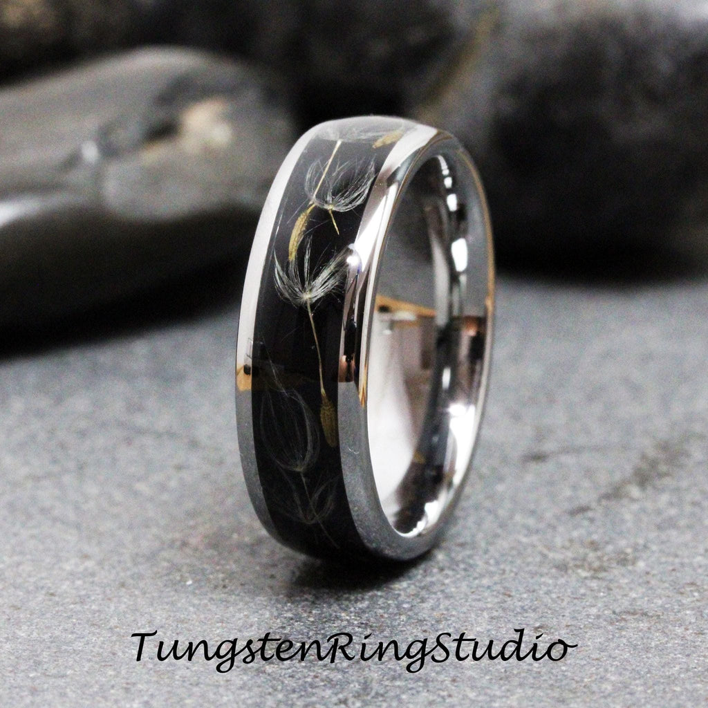 Dandelion Seed Silver Gray Polish Tungsten Wedding Ring  8mm 6mm Flower Dandelion Gold Silver Black Ring Mens Ring Men & Women Anniversary