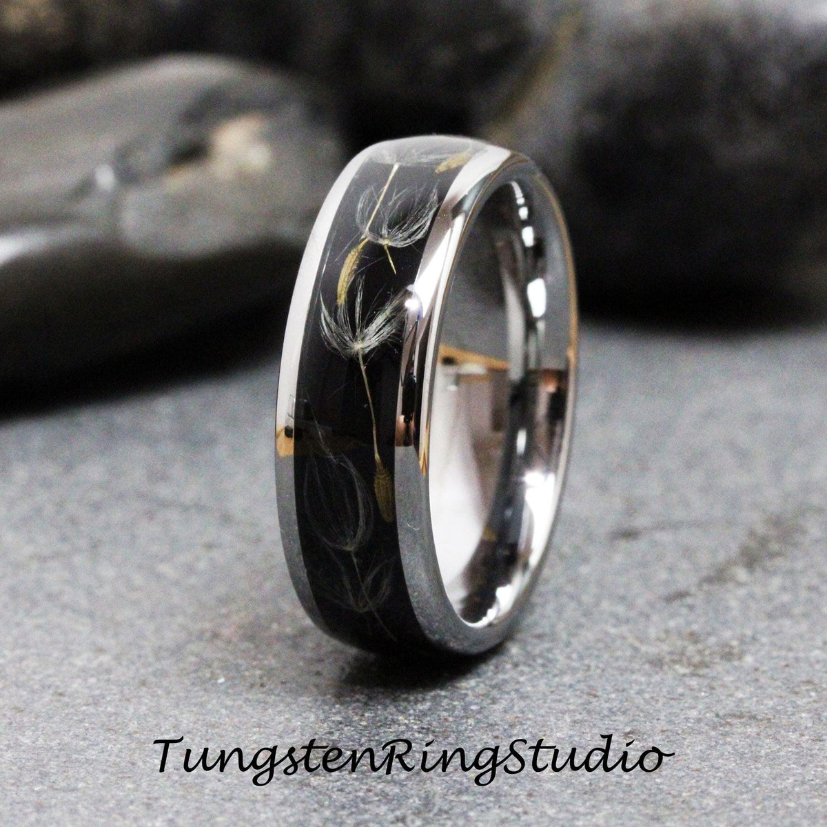 Dandelion Seed Silver Gray Polish Tungsten Wedding Ring  8mm 6mm Flower Dandelion Gold Silver Black Ring Mens Ring Men & Women Anniversary
