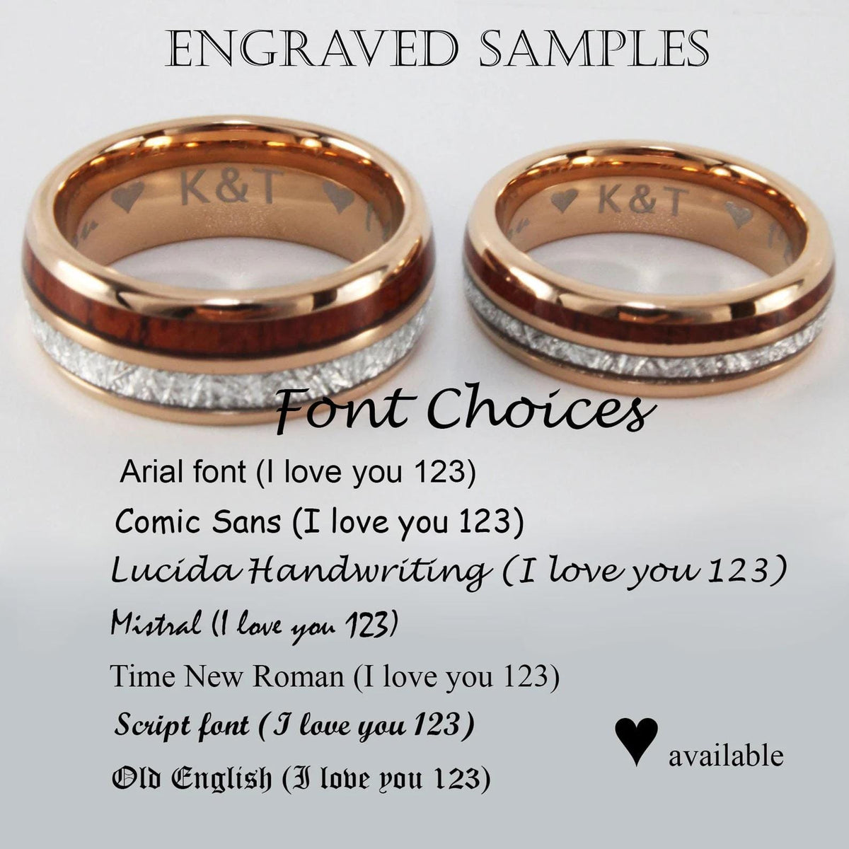 May include: Two engraved wedding bands with a wood inlay and a white speckled finish. The bands are shown with different font choices for engraving, including Arial, Comic Sans, Lucida Handwriting, Mistral, Time New Roman, Script, and Old English. The text "K&amp;T" is engraved on the bands.