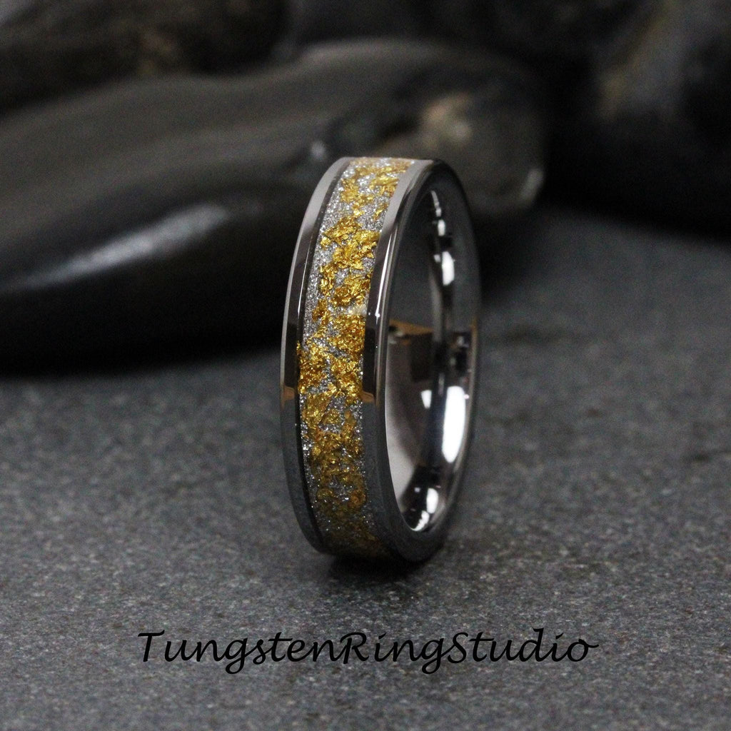 24K Gold Leaf Ring, Wedding Gold Foil Silver Ring Tungsten Carbide 4mm 6mm 8mm Ring Meteorite Foil Leaf Ring Mens Wedding Rings Gold Accent