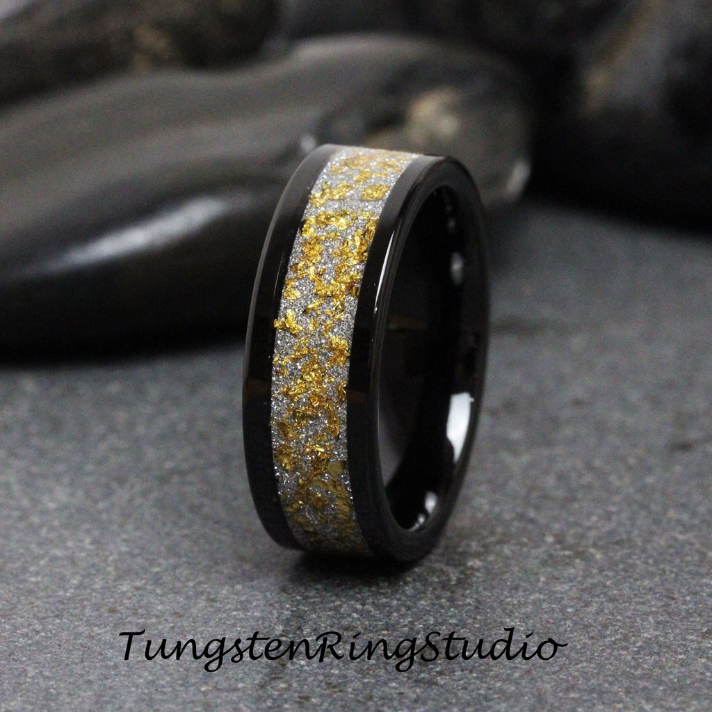 24K Gold Leaf Black Tungsten Carbide Ring, Wedding Gold Foil Tungsten Carbide 4mm 6mm 8mm Ring Leaf Ring Mens Wedding Rings Gold Accent