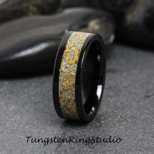 24K Gold Leaf Black Tungsten Carbide Ring, Wedding Gold Foil Tungsten Carbide 4mm 6mm 8mm Ring Leaf Ring Mens Wedding Rings Gold Accent