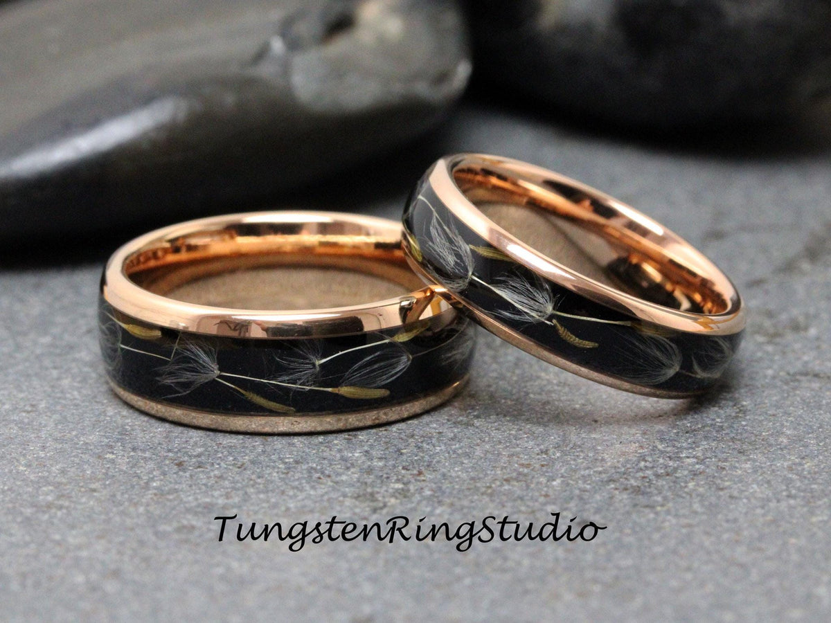 His and Her Dandelion Seed Ring Rose Gold Polish Tungsten Wedding Ring 8mm 6mm Flower Matching Set Mens and Womens Band Eco-Friendly Ring