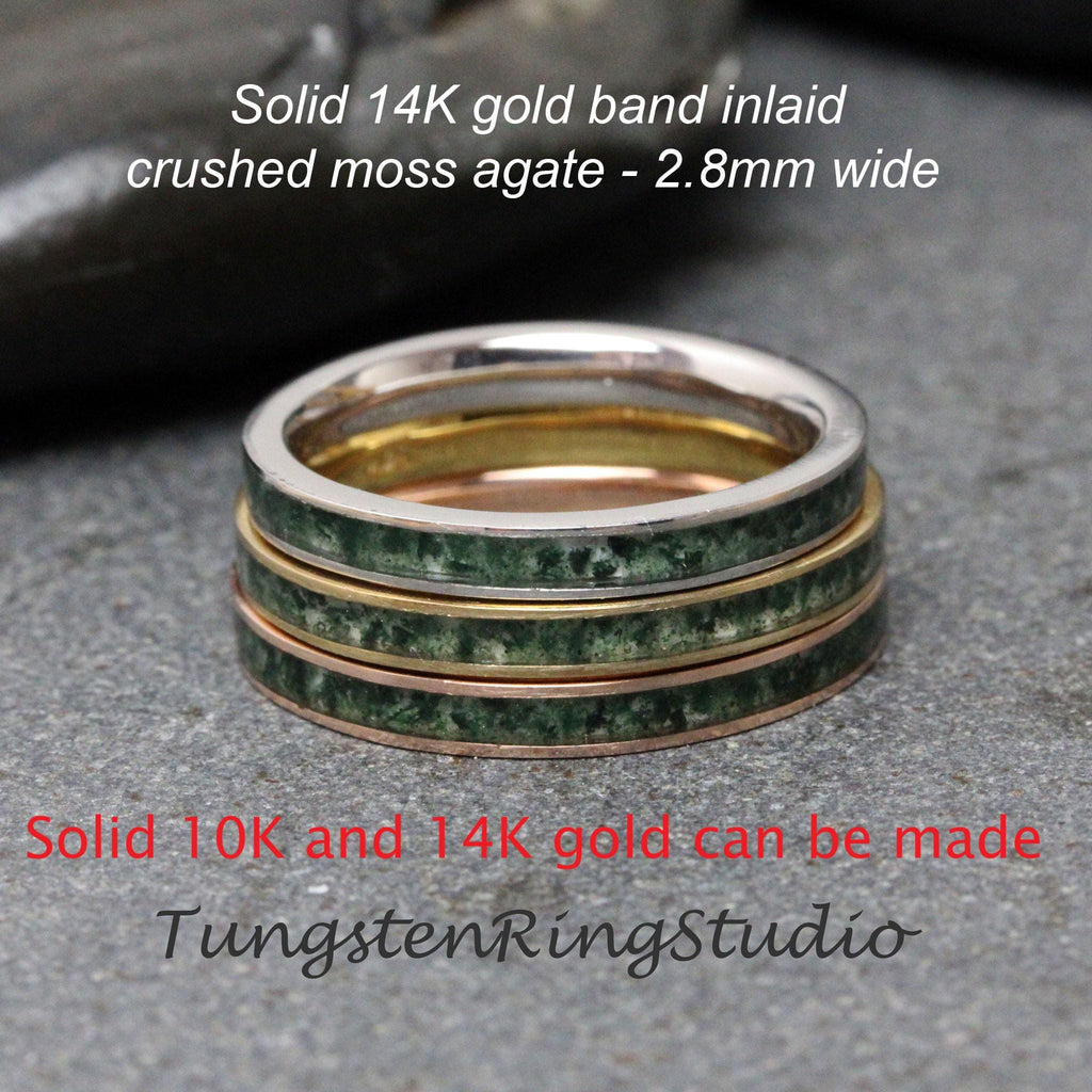 May include: Three gold bands with a green crushed moss agate inlay. The bands are 2.8 mm wide. Solid 10K and 14K gold can be made. Tungsten RingStudio.