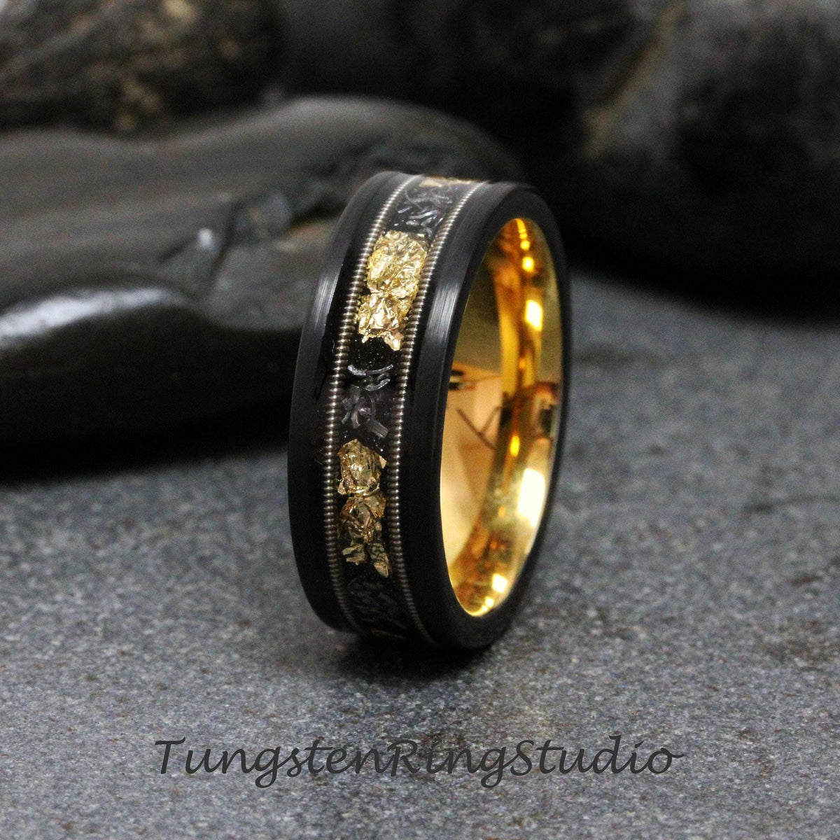 Meteorite Bass String Gold Leaf Black Ring 8mm Tungsten Carbide Wedding Ring Brushed Flat Anniversary Ring Mans Mens Ring Men & Women