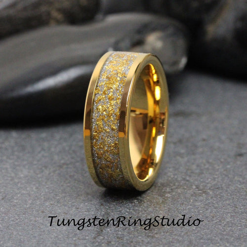 24K Gold Leaf Ring, Wedding Gold Foil Ring Tungsten Carbide 4mm 6mm 8mm Ring Wedding Rings Gold Accent