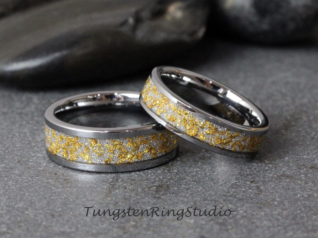 24K Gold Leaf Ring, Wedding Gold Foil Silver Ring Tungsten Carbide 4mm 6mm 8mm Ring Meteorite Foil Leaf Ring Mens Wedding Rings Gold Accent