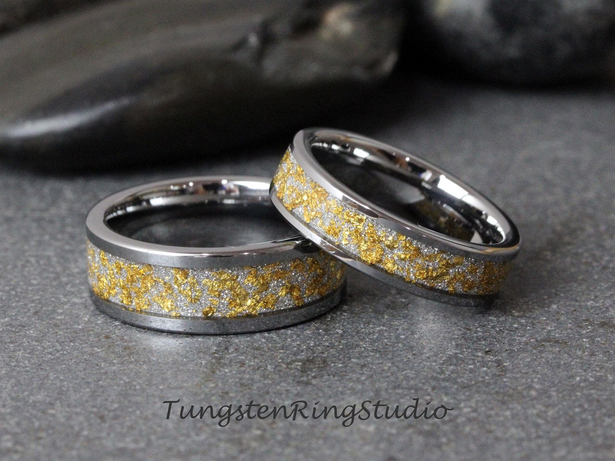 24K Gold Leaf Ring, Wedding Gold Foil Silver Ring Tungsten Carbide 4mm 6mm 8mm Ring Meteorite Foil Leaf Ring Mens Wedding Rings Gold Accent