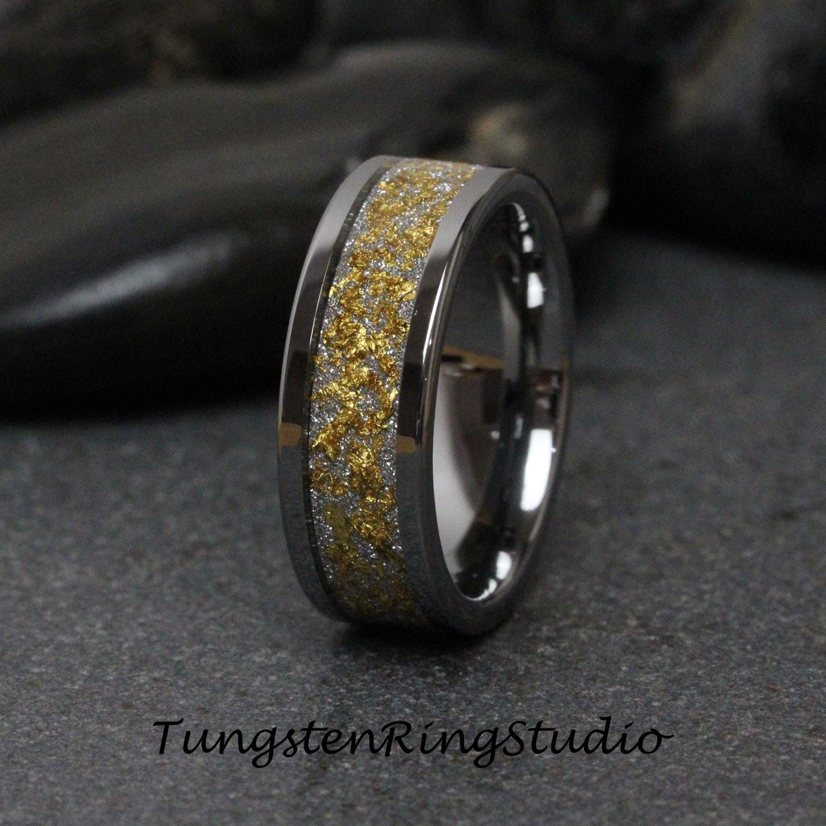 24K Gold Leaf Ring, Wedding Gold Foil Silver Ring Tungsten Carbide 4mm 6mm 8mm Ring Meteorite Foil Leaf Ring Mens Wedding Rings Gold Accent