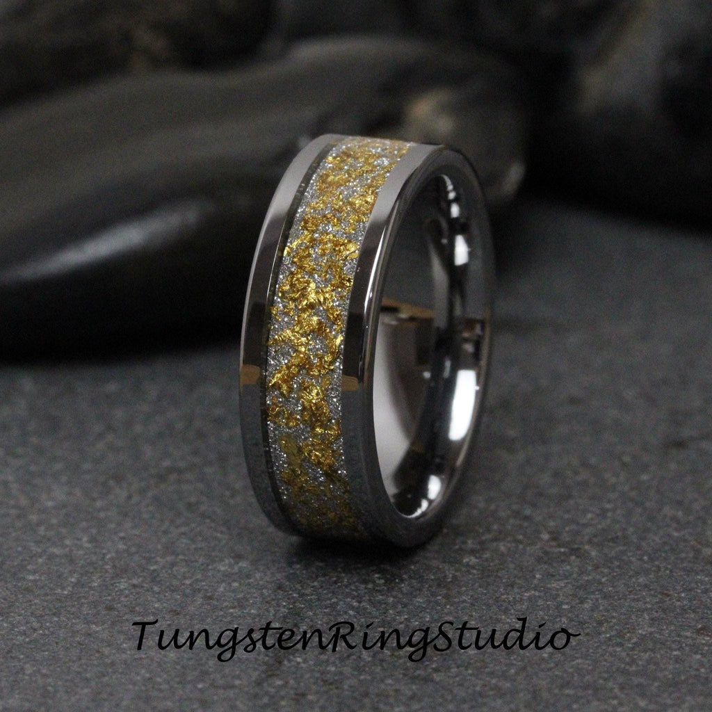 24K Gold Leaf Ring, Wedding Gold Foil Silver Ring Tungsten Carbide 4mm 6mm 8mm Ring Meteorite Foil Leaf Ring Mens Wedding Rings Gold Accent