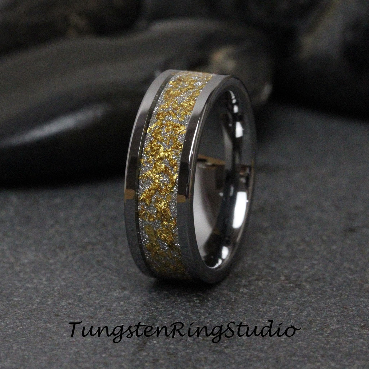 24K Gold Leaf Ring, Wedding Gold Foil Silver Ring Tungsten Carbide 4mm 6mm 8mm Ring Silver Gray Leaf Ring Mens Wedding Rings Gold Accent