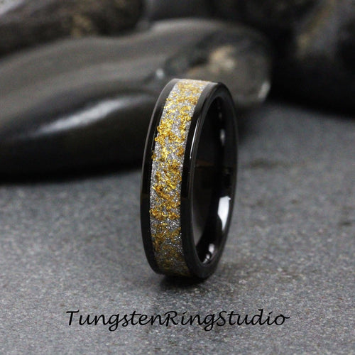 Black Wedding Band Inlaid 24K Gold Leaf Tungsten Carbide Ring Gold Foil Tungsten Carbide 4mm 6mm 8mm Ring Mens Wedding Rings Gold Accent