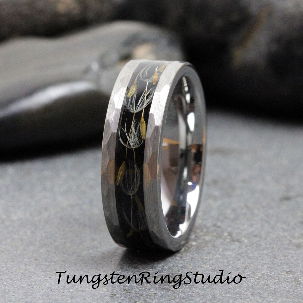 Hammer Dandelion Seed Silver Ring Polish Tungsten Wedding Ring  8mm Flower Dandelion Gray Ring Mens Ring Men & Women Anniversary