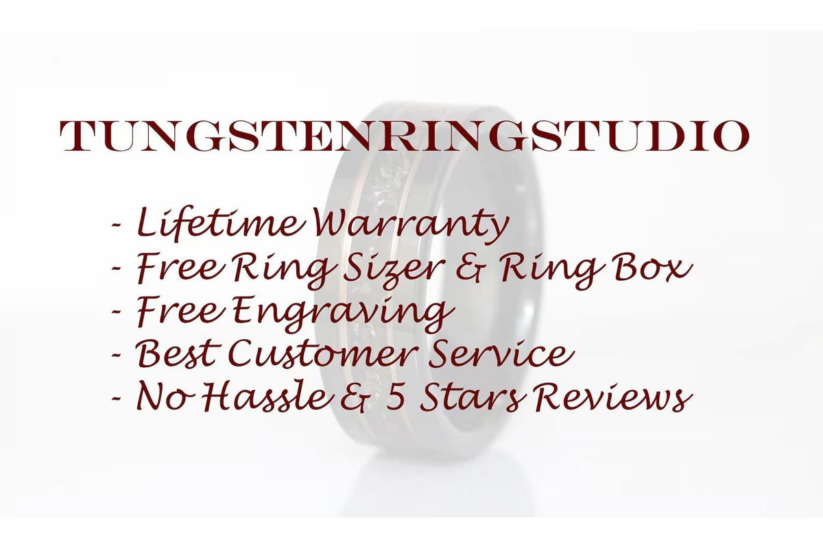 May include: A tungsten ring with a black and copper finish. The text "TUNGSTENRINGSTUDIO" is at the top of the image. The text "Lifetime Warranty", "Free Ring Sizer &amp; Ring Box", "Free Engraving", "Best Customer Service", and "No Hassle &amp; 5 Stars Reviews" is listed below the ring.