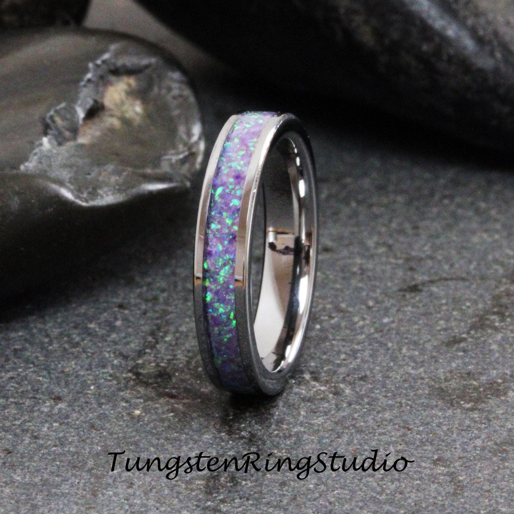 Multi Violet Opal Tungsten Carbide Wedding Ring Silver-Gray Band Women Men Opal Ring Dainty Stackable Anniversary Ring Violet Band