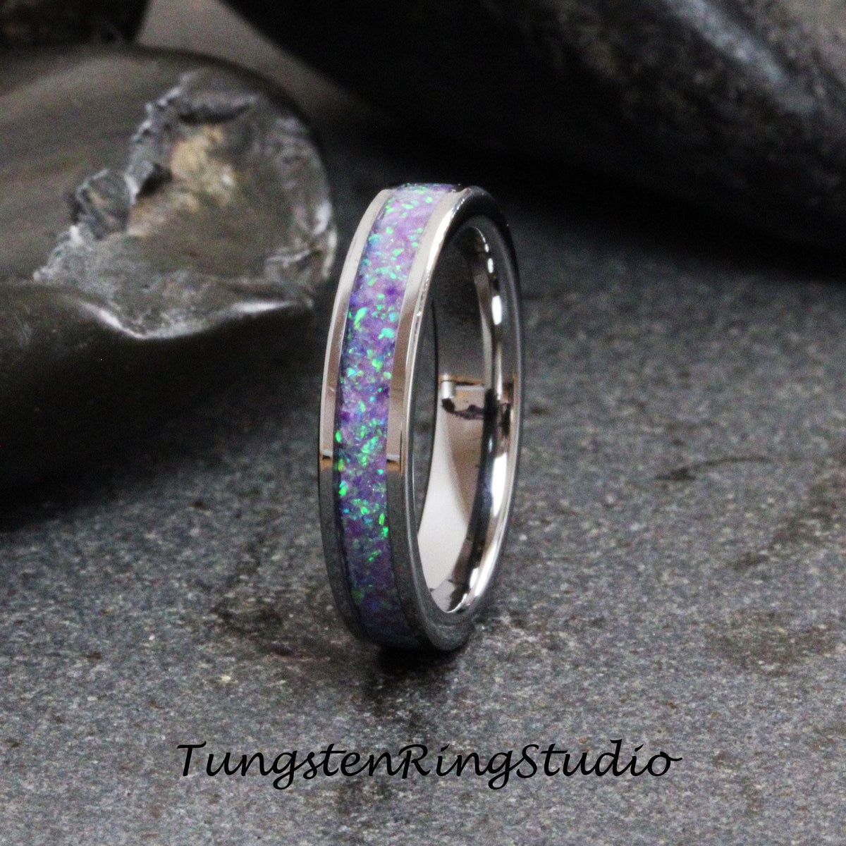 Multi Violet Opal Tungsten Carbide Wedding Ring Silver-Gray Band Women Men Opal Ring Dainty Stackable Anniversary Ring Violet Band