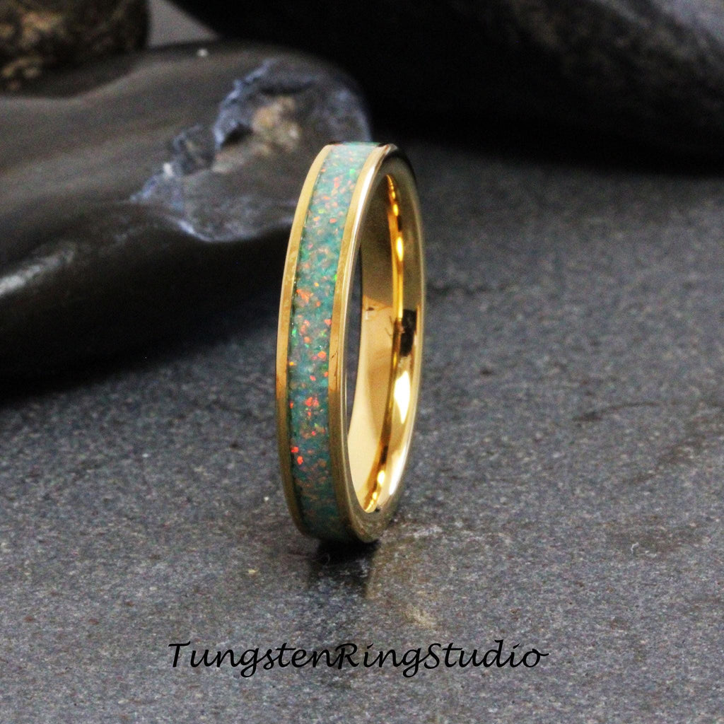 Moon Yellow Opal Tungsten Carbide Wedding Ring Blue Warm Opal Yellow Gold Band Women Opal Ring Dainty Stackable Anniversary Opal Ring