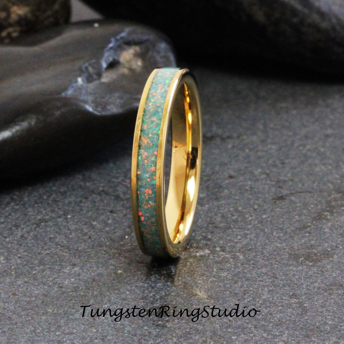 Moon Yellow Opal Tungsten Carbide Wedding Ring Blue Warm Opal Yellow Gold Band Women Opal Ring Dainty Stackable Anniversary Opal Ring