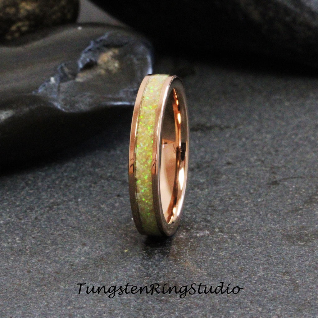 Lemond Yellow Opal Wedding Ring Rose Gold Tungsten Carbide Band Women Opal Ring Dainty Stackable Anniversary Opal Ring