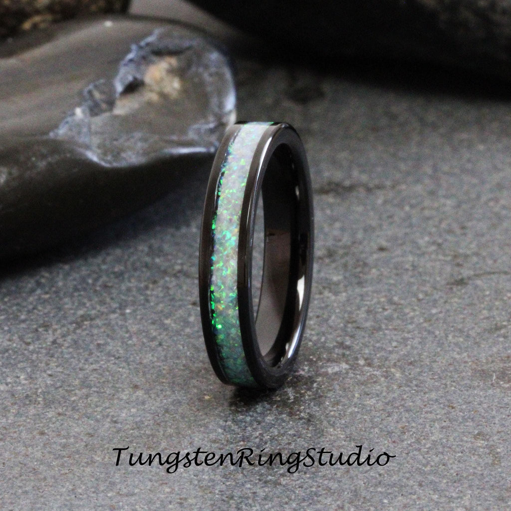 Azure Blue Opal Tungsten Carbide Wedding Ring Black Band Men Women Opal Ring Dainty Stackable Anniversary Opal Ring