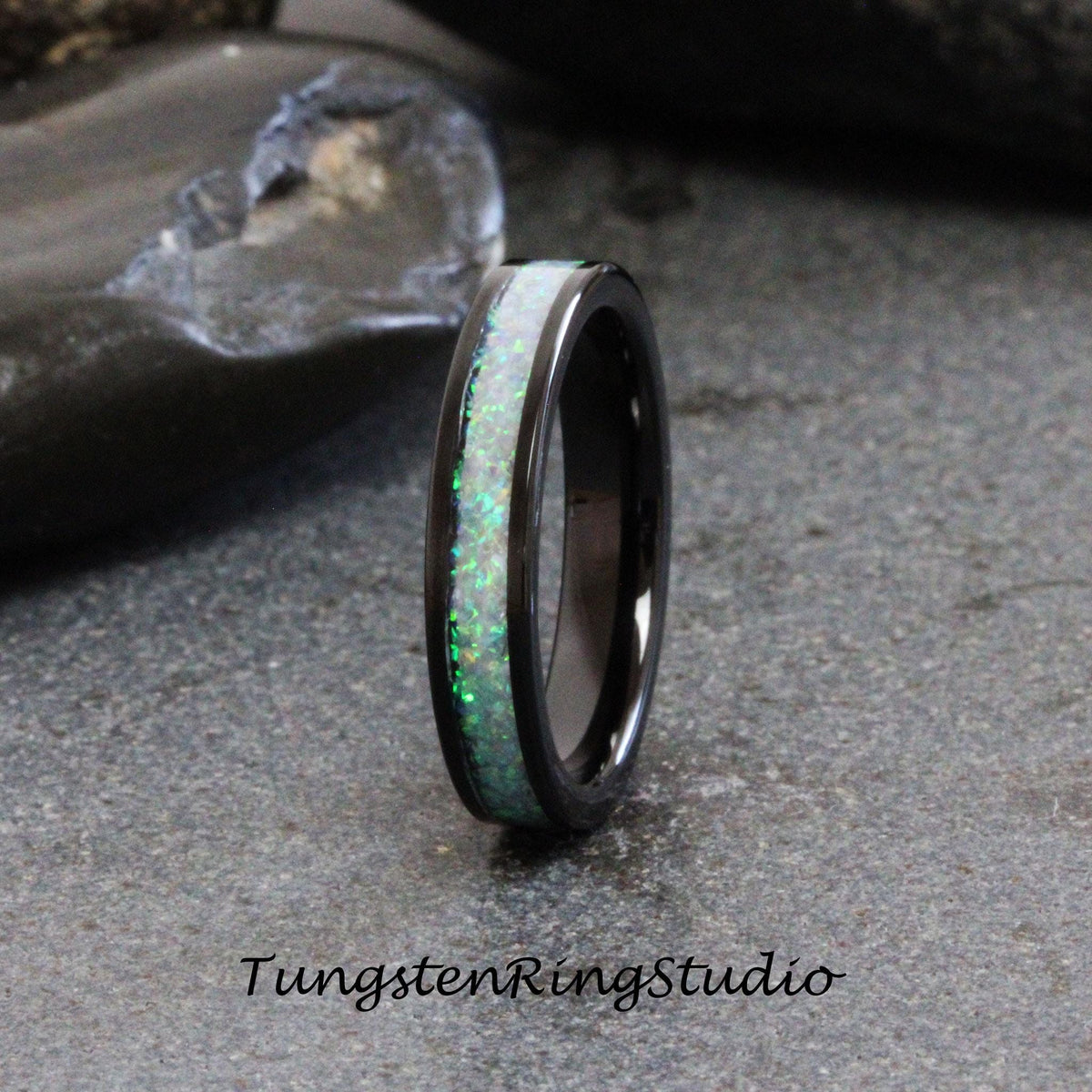 Azure Blue Opal Tungsten Carbide Wedding Ring Black Band Men Women Opal Ring Dainty Stackable Anniversary Opal Ring