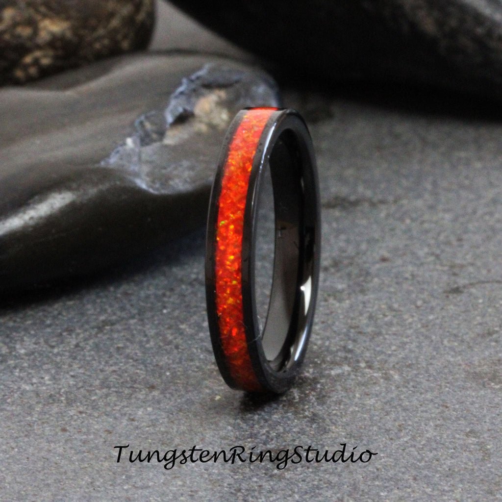 Mexico Opal Tungsten Carbide Wedding Ring Orange Black Band Women Opal Ring Dainty Stackable Anniversary Opal Ring