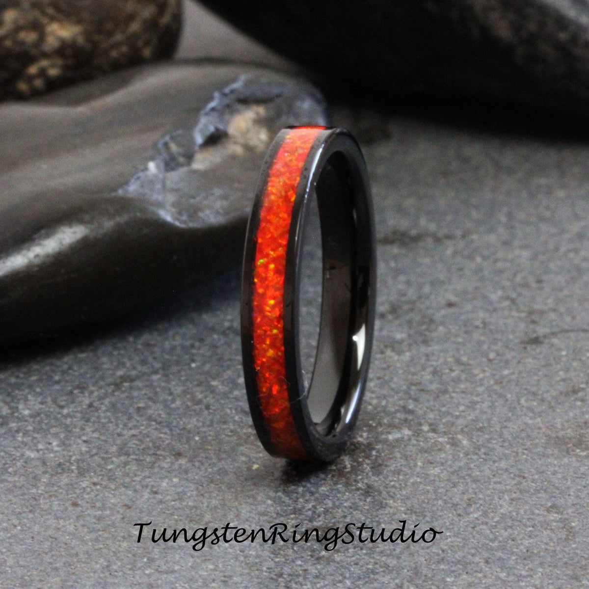 Mexico Opal Tungsten Carbide Wedding Ring Orange Black Band Women Opal Ring Dainty Stackable Anniversary Opal Ring
