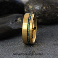 Men Hazel Eye Inspiration Ring, Blue Sand 18K Gold Leaf Tungsten Carbide Ring, Teal Wedding Ring Anniversary Mens and Womens Band