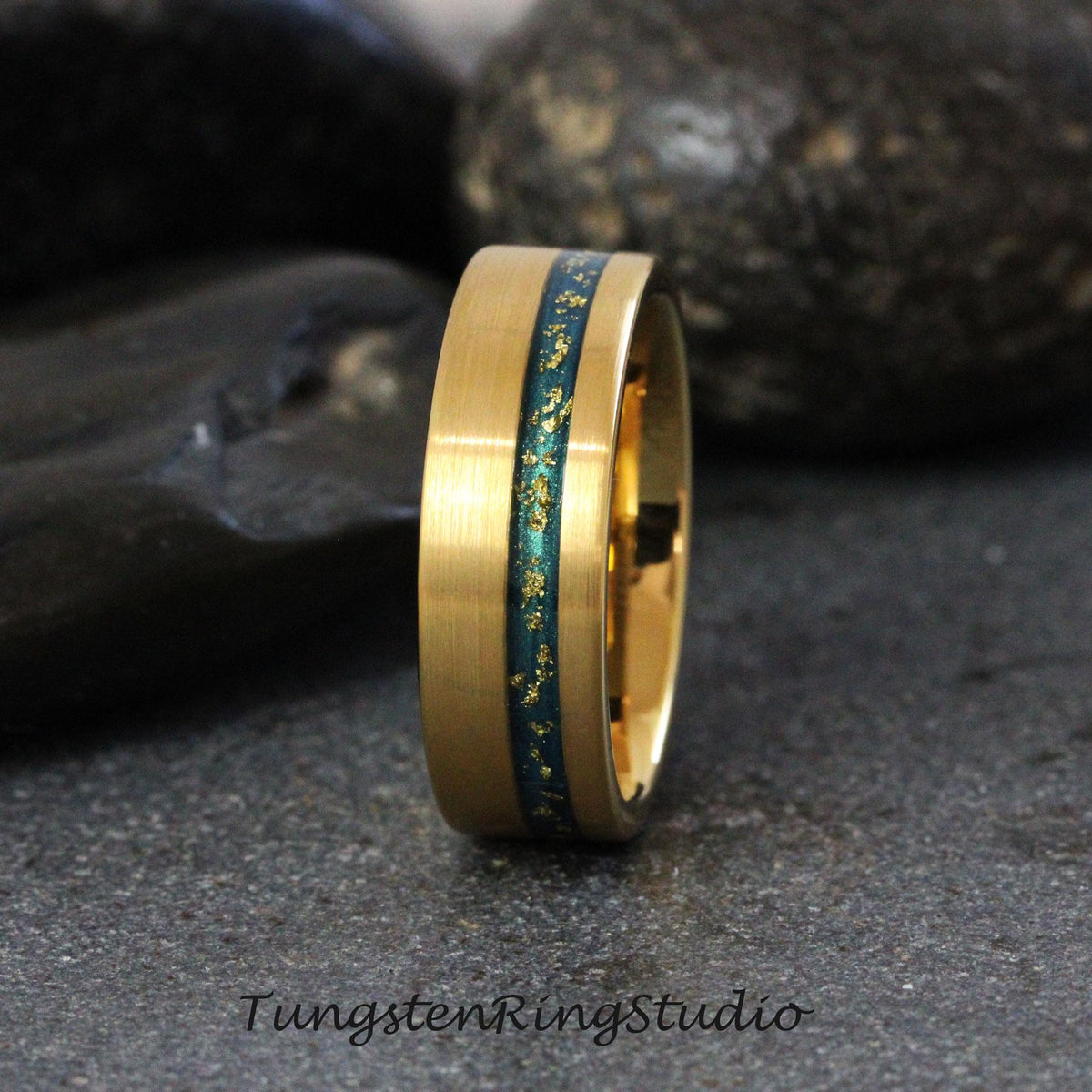 Men Hazel Eye Inspiration Ring, Blue Sand 18K Gold Leaf Tungsten Carbide Ring, Teal Wedding Ring Anniversary Mens and Womens Band